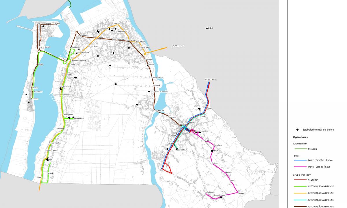 Planta com a rede de transportes coletivos de Ílhavo.